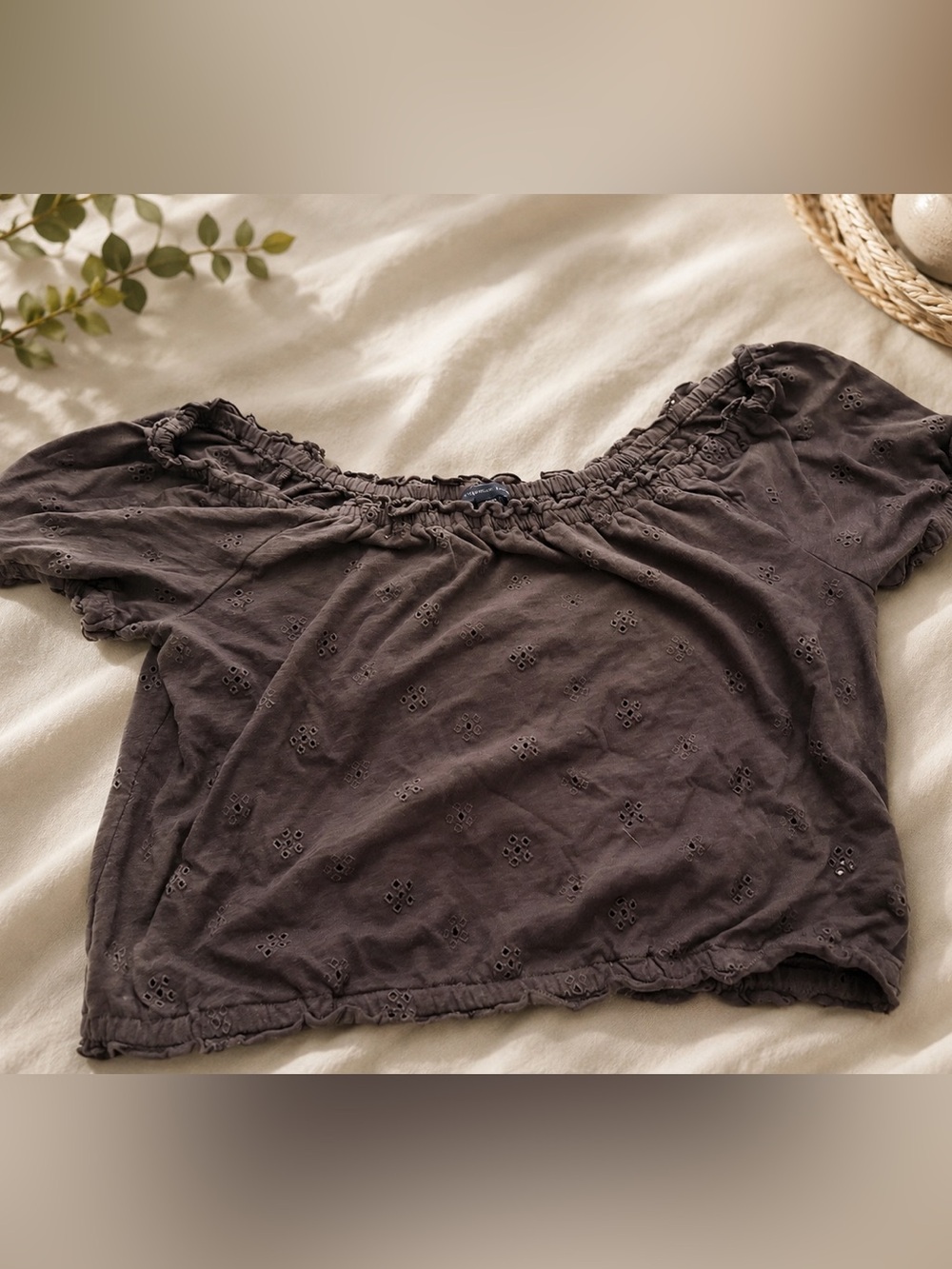 American Eagle Off-the-shoulder eyelet top in charcoal gray